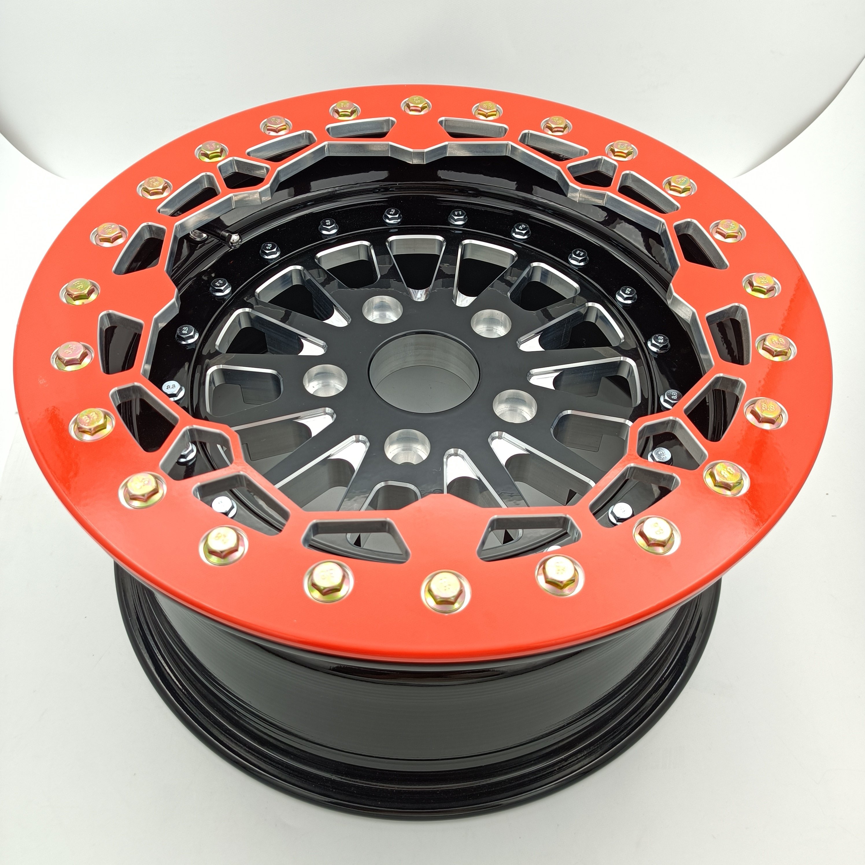 Side by Sides 4x4 ATV UTV Parts 15x7 5+2 5/114.3 UTV Wheels Rims 15inch 3 Piece Orange Beadlock Wheels for Polaris RZR Pro