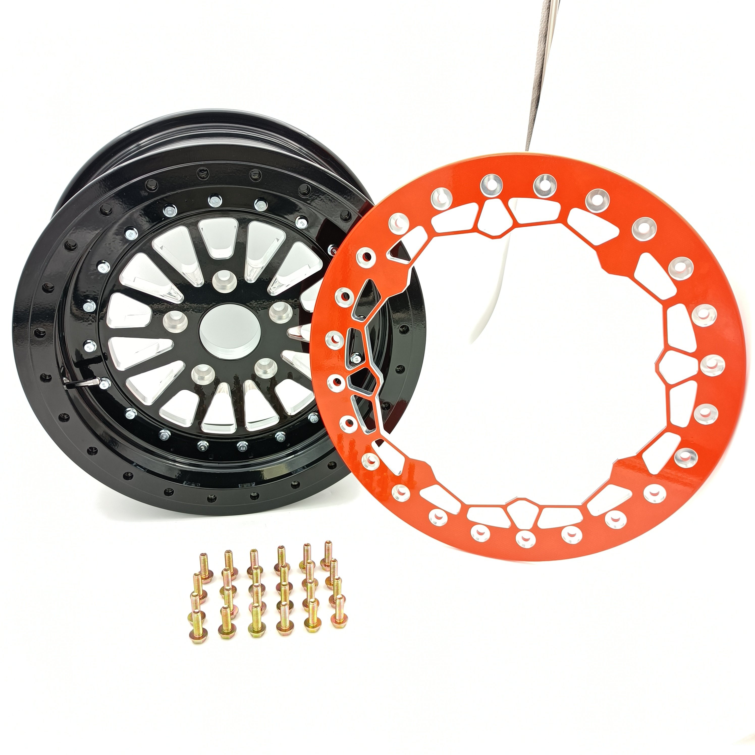 Side by Sides 4x4 ATV UTV Parts 15x7 5+2 5/114.3 UTV Wheels Rims 15inch 3 Piece Orange Beadlock Wheels for Polaris RZR Pro