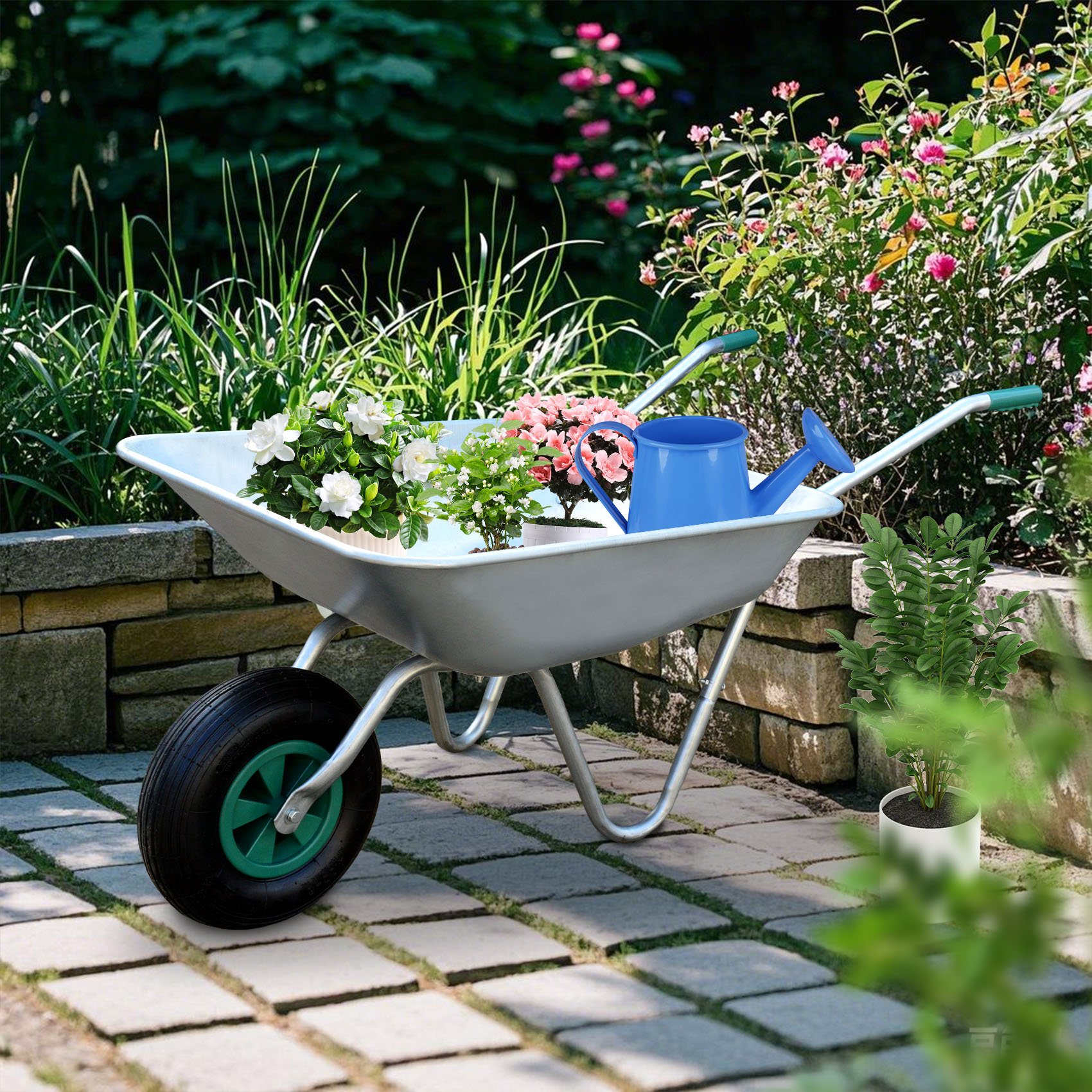 Outdoor 160L/200L Function Double Wheels Galvanized Steel Home Garden Cart Commercial Wheel Barrow Wheelbarrow