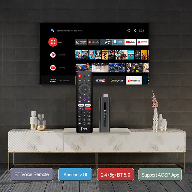 Hoty Selling Android TV Stick Quad Core with Allwinner H313 2.4G 5G WiFi TV98 ATV Smart TV Stick Voice Remote Control