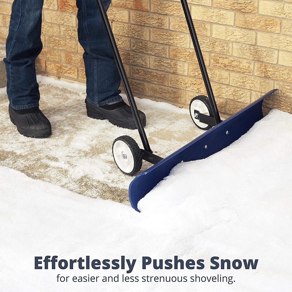 The Snowcaster 36-Inch Heavy Duty Bi-Directional Wheeled Snow Pusher Wheel Snow Shovel Clear