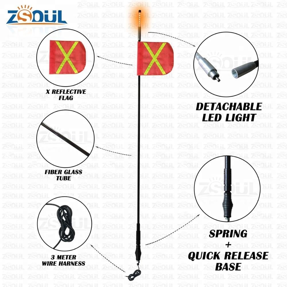 Factory Wholesale 6-12 FT Safety Warning Whip Quick Release Spring Base LED Mining Whip With Light on Top