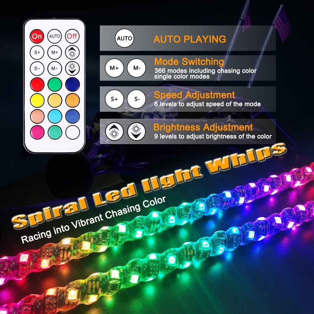 Remote Control RGB Chase 360 Degree Spiral LED Antenna Whip Lights with Spring Base for UTV Off-Road Vehicle ATV RZR