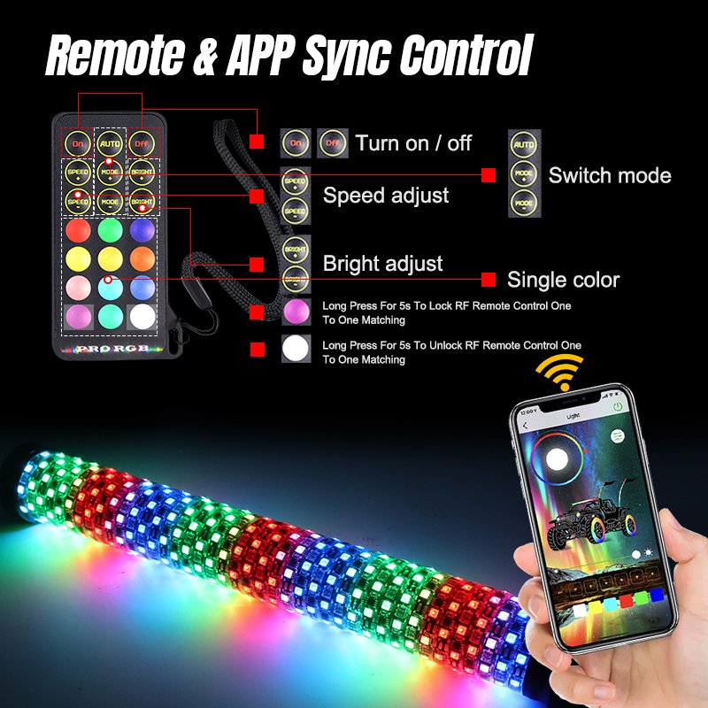 Hyper Fat LED Whip Chase RGB Wide Diameter Thick Whip Light App and Remote Control Strong Durable Affordable for ATV UTV
