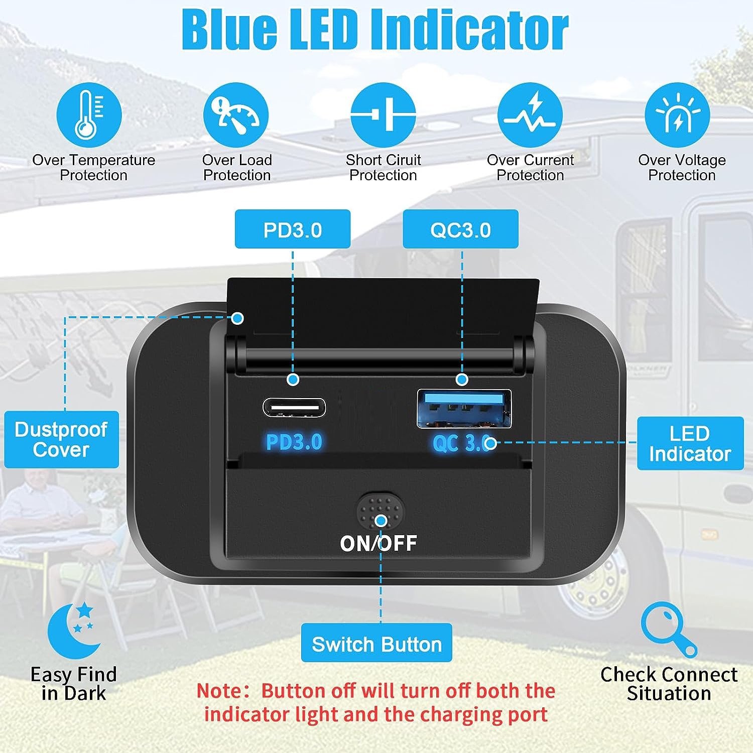 Auto Parts 12V RV USB Outlet with Power Switch, 36W Dual Quick Charge QC3.0 USB-A Port Panel Wall Surface Mount