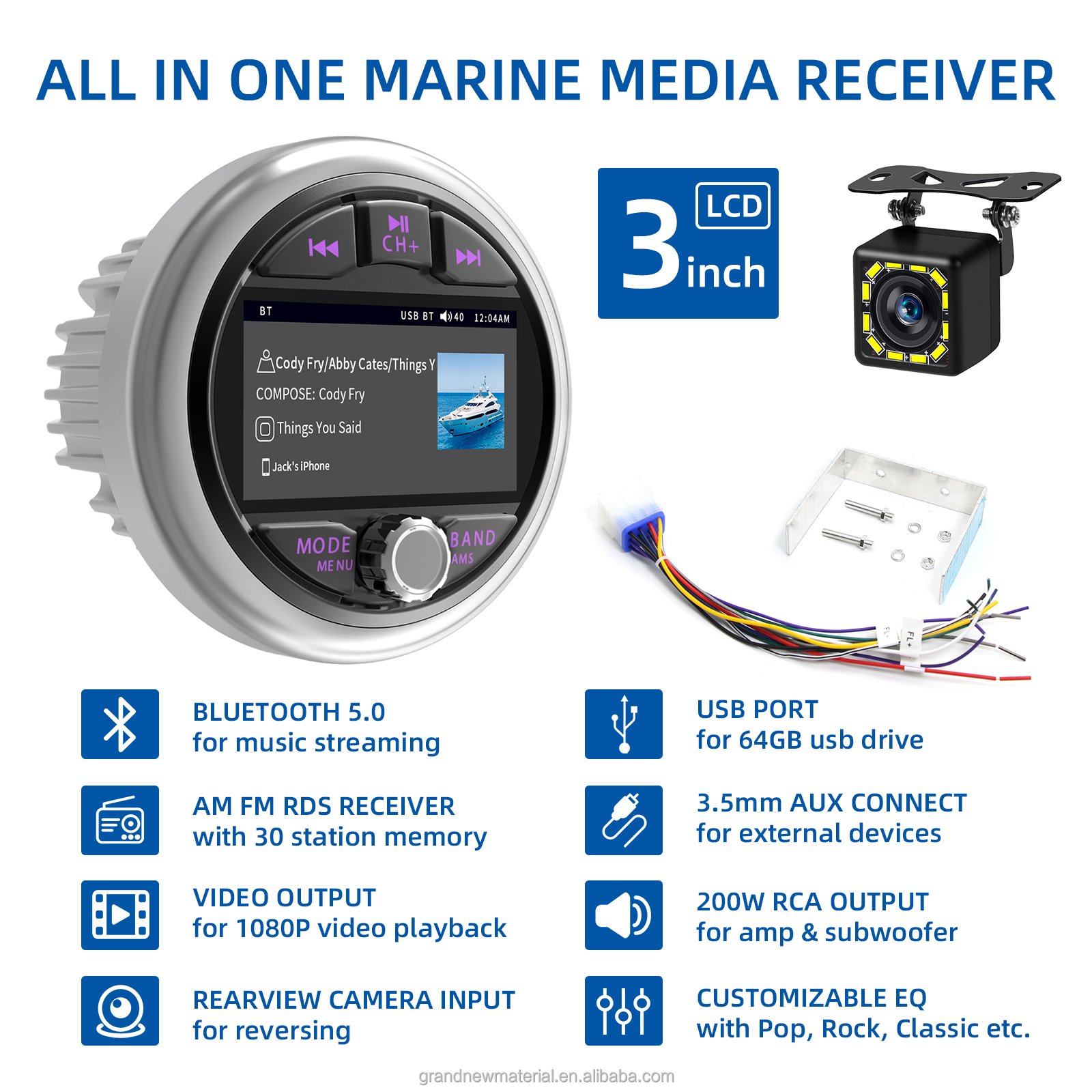 Grandnavi Marine BT Stereo Waterproof Marine Boat Stereo FM AM Digital Media Audio Player Speakers for ATV UTV Golf Boat Tractor