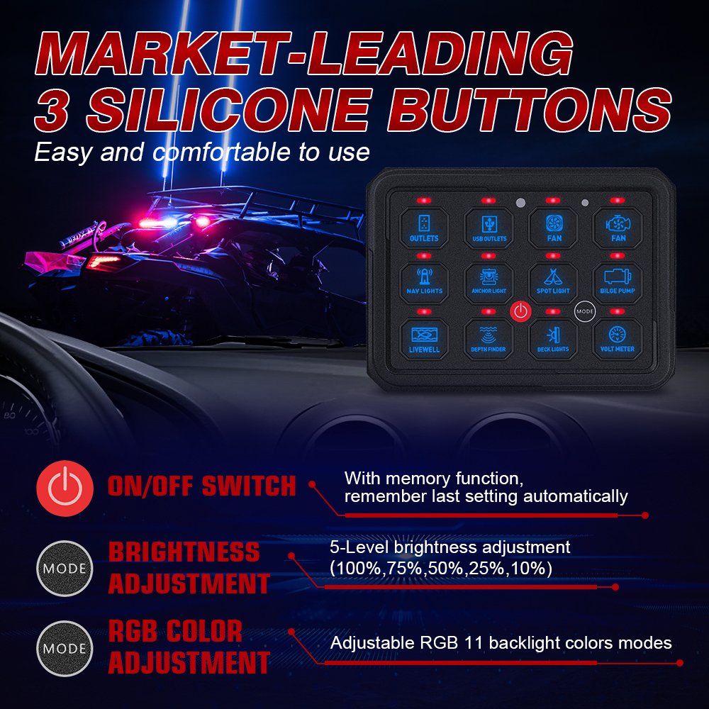 12 Gang Marine Switch Panel Waterproof 12v Rocker Switch Panel 5 Brightness Levels Strobe Pulse RGB Led Switch Panel For ATV