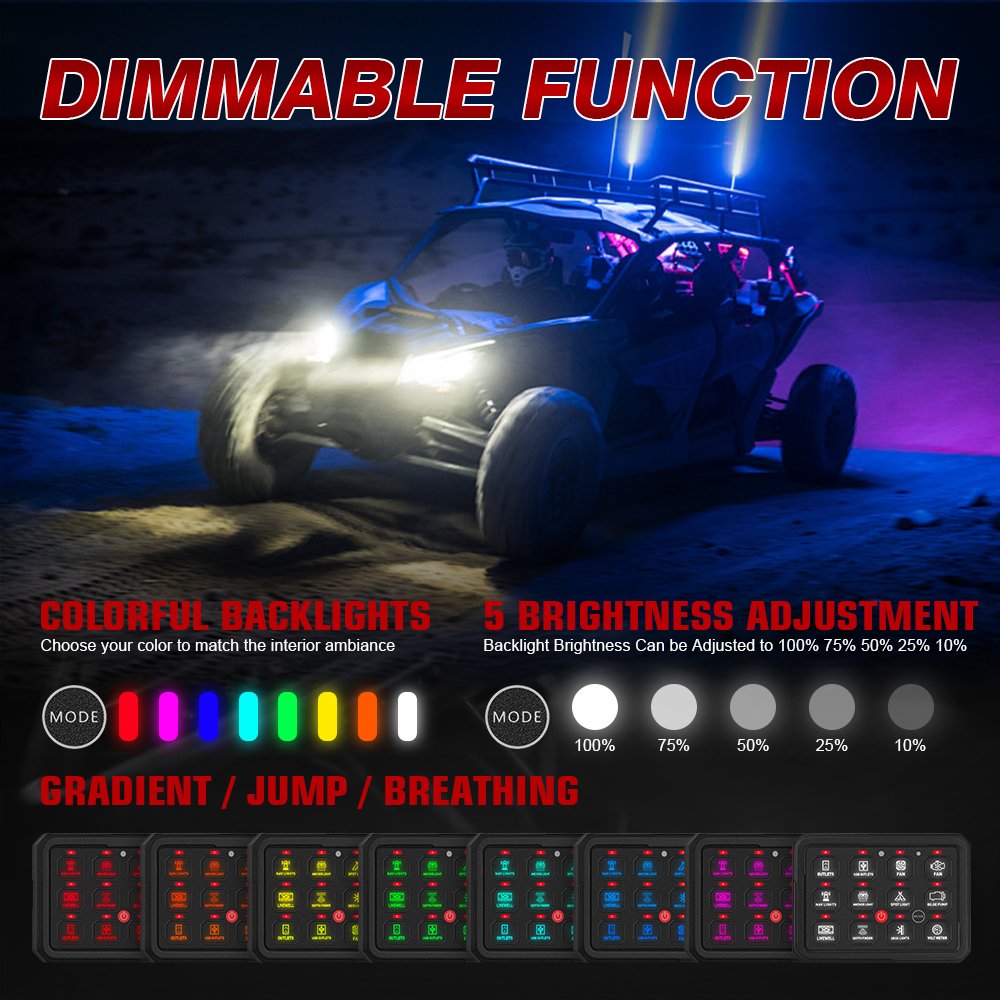 12 Gang Marine Switch Panel Waterproof 12v Rocker Switch Panel 5 Brightness Levels Strobe Pulse RGB Led Switch Panel For ATV