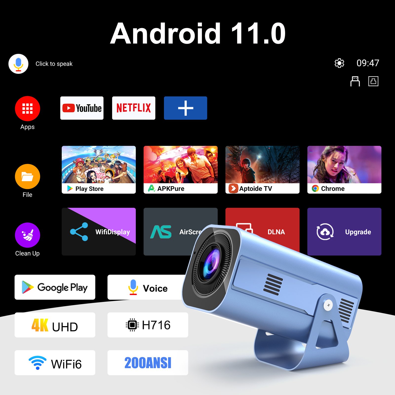 Hot-selling ATV LCD Projector H96MAX B11 Smart Projector 720P Voice Remote Control Wifi 6 Projector