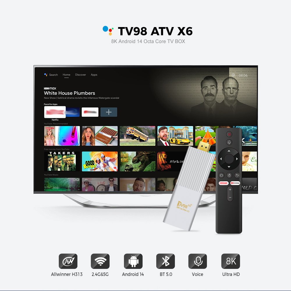 2025 Hot Sell 8K Tv Stick ATV System Android 14 H313 2.4g 5g HDR10 Dual Wifi Smart Tv Stick X6 TV98 ATV Android TV ATV Stick