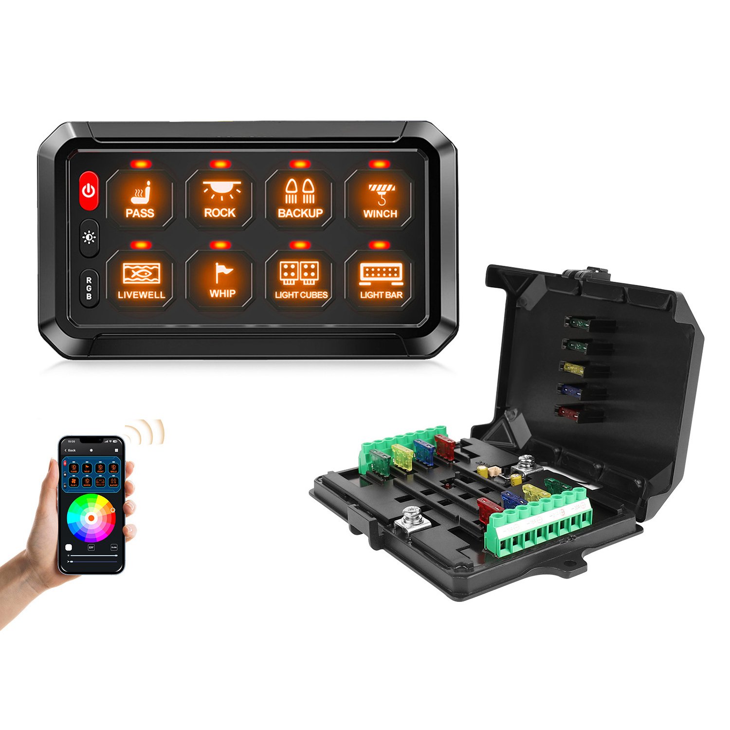 6/8/12 Gang LED RGB Switch Panel 5 Brightness Toggle/Strobe/Momentary Function Controlled by App/Wireless/Panel for ATV UTV SXS