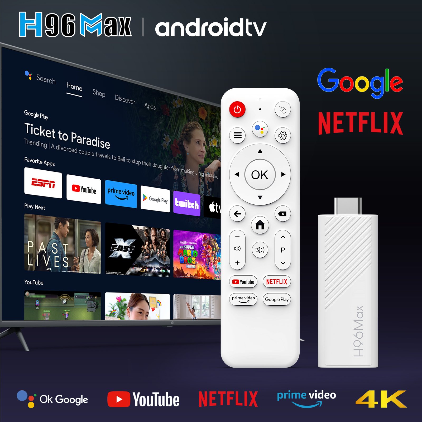Original H96 Max H313 TV Stick Dual WiFi 6 2GB RAM 16GB ROM 4K Streaming ATV Android 14 TV Stick