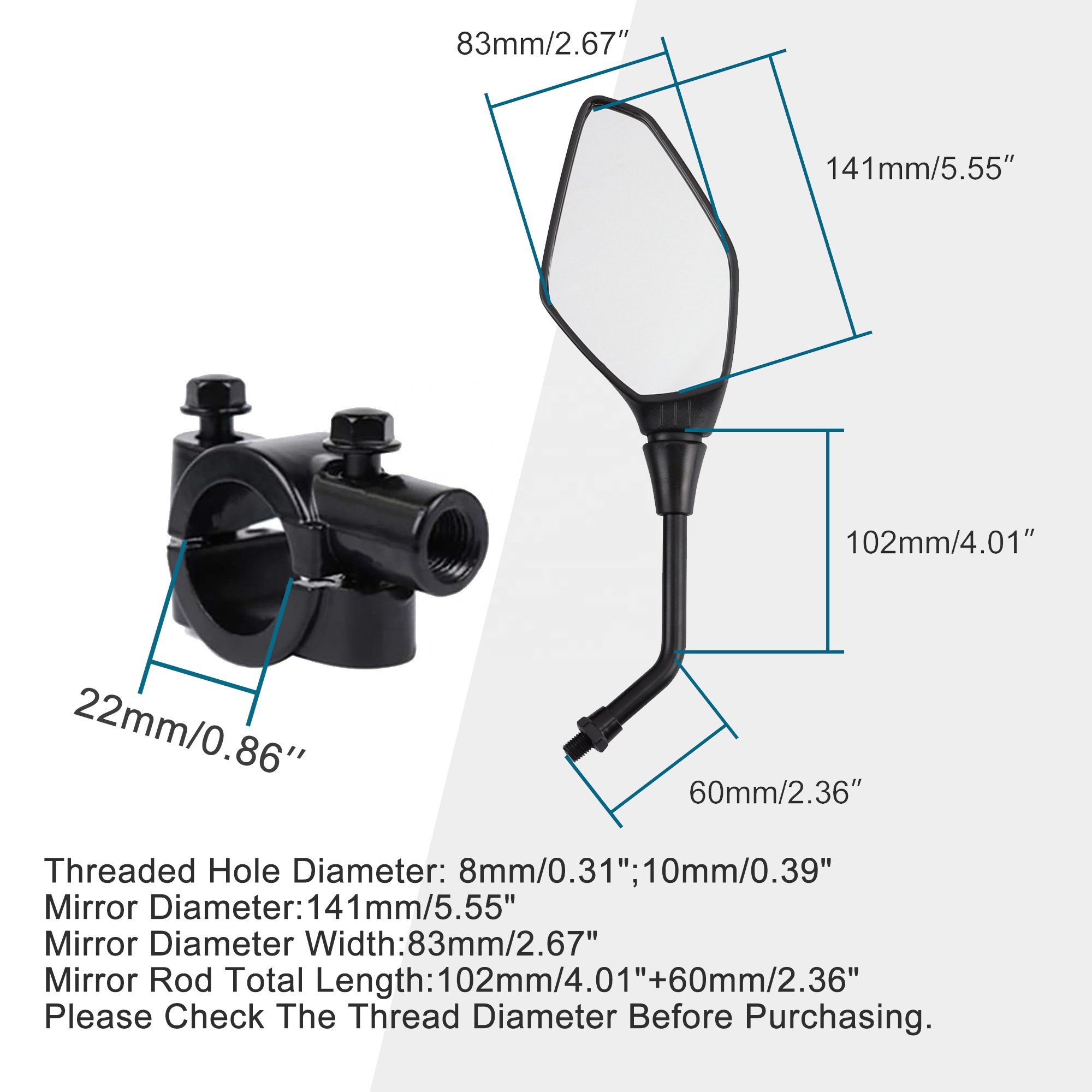 GOOFIT Motorcycle 10mm Rear View Side Mirror Pair Black with Bolt 7/8" Handlebar Clamp Replacement for ATV Scooter