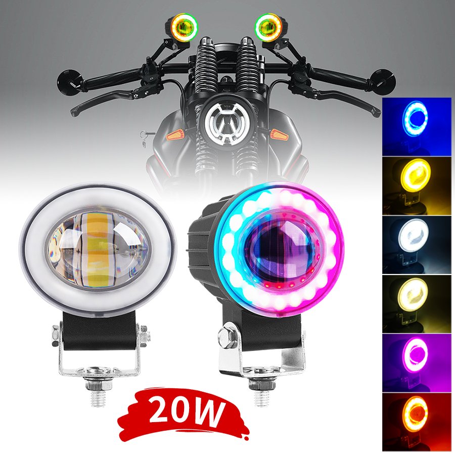 12V 24V RGB Motorcycle Spotlights Colorful Angel Eyes Fog Lamp 20W Moto Headlights 6000K Fog Lights for SUV ATV Off Road Truck