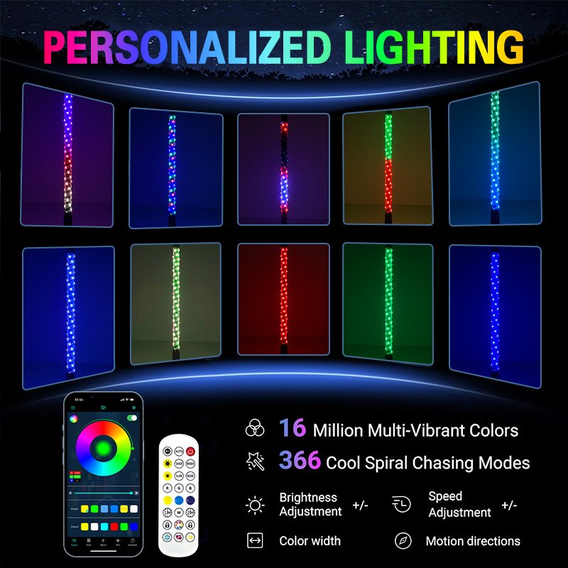 Super Bright 2ft 3ft 4ft 5ft 6ft Quick Release Base Polaris Lighted 360 Spiral Rgb Chasing Led Whip Antenna