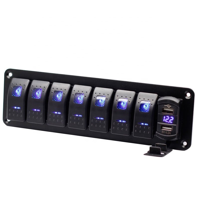 7 Gang Rocker Switch Panel with 4.2A Dual USB Charger Voltmeter Waterproof 12V/24V Rocker Switch with Night Glow Stickers