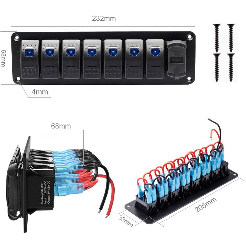 7 Gang Rocker Switch Panel with 4.2A Dual USB Charger Voltmeter Waterproof 12V/24V Rocker Switch with Night Glow Stickers