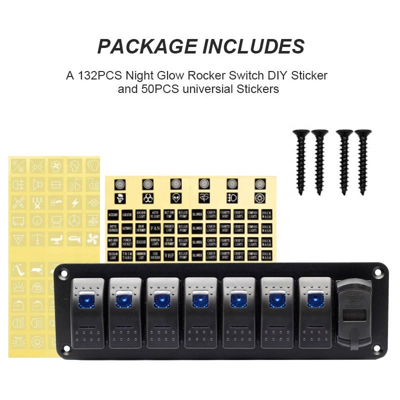 7 Gang Rocker Switch Panel with 4.2A Dual USB Charger Voltmeter Waterproof 12V/24V Rocker Switch with Night Glow Stickers