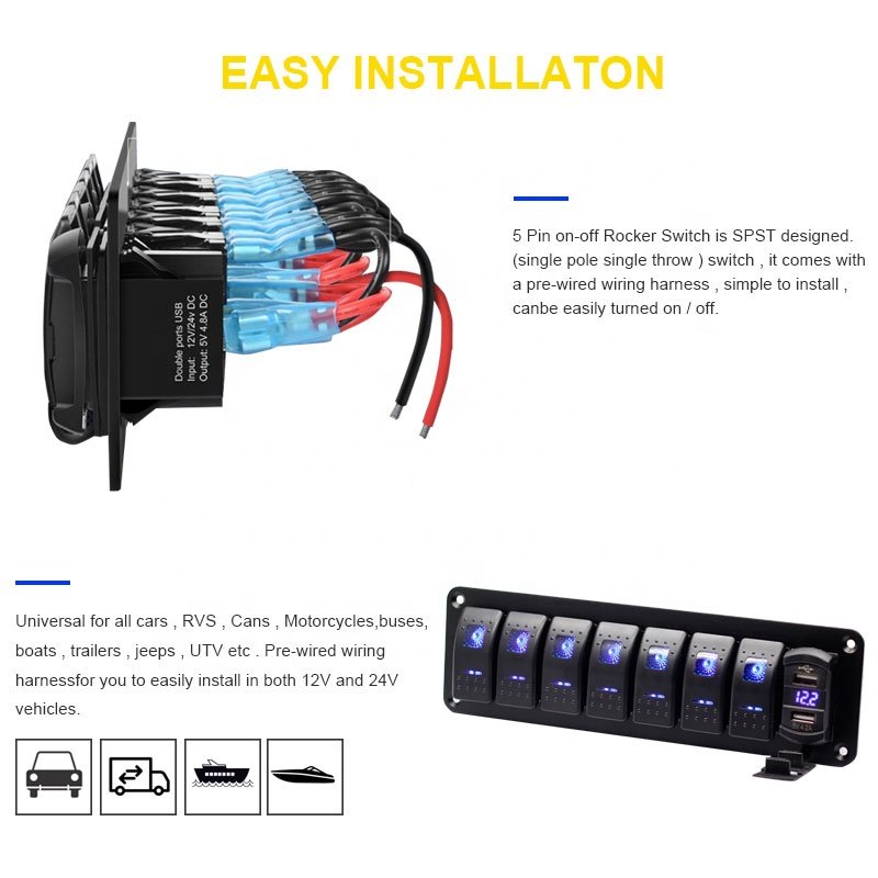 7 Gang Rocker Switch Panel with 4.2A Dual USB Charger Voltmeter Waterproof 12V/24V Rocker Switch with Night Glow Stickers
