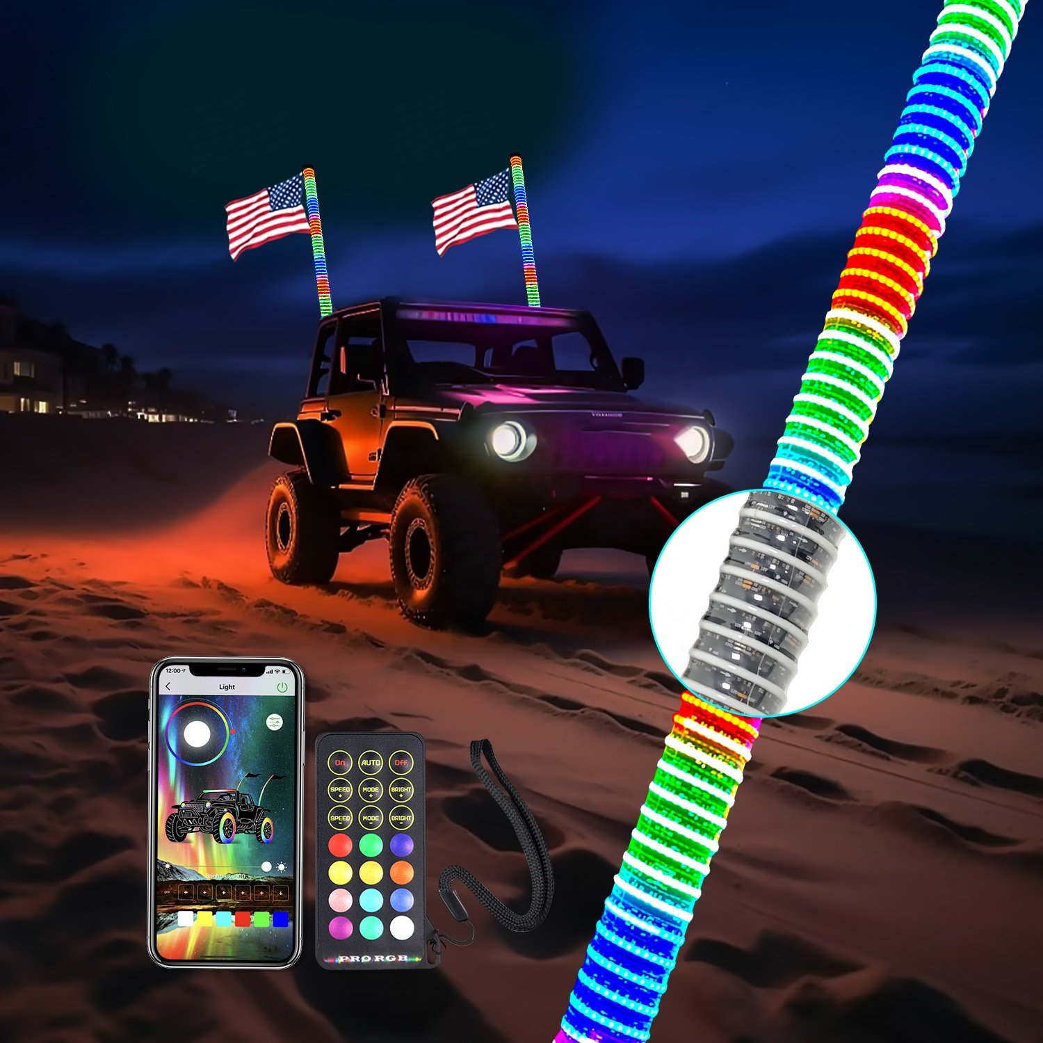 1.75 Inch Thick COB LED PRO Serial Whip Antenna Light 1ft 2ft 3ft 4ft for ATV UTV Truck Offroad Polaris RZR