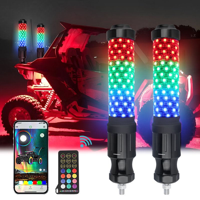 ATV UTV 3ft Spiral Antenna Antenna RGB Super Thick Led Whip Light Polaris RZR Maverick X3 Music Remote Application Control