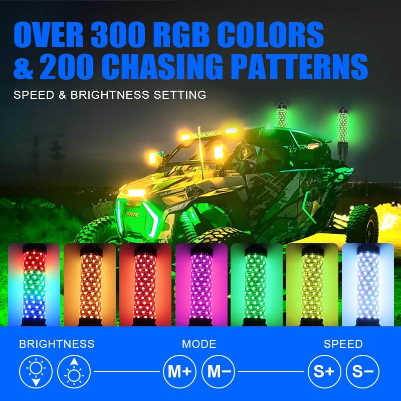 ATV UTV 3ft Spiral Antenna Antenna RGB Super Thick Led Whip Light Polaris RZR Maverick X3 Music Remote Application Control