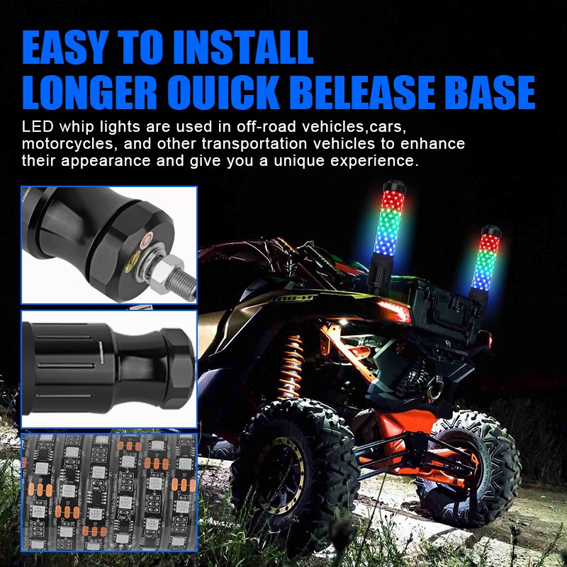 ATV UTV 3ft Spiral Antenna Antenna RGB Super Thick Led Whip Light Polaris RZR Maverick X3 Music Remote Application Control