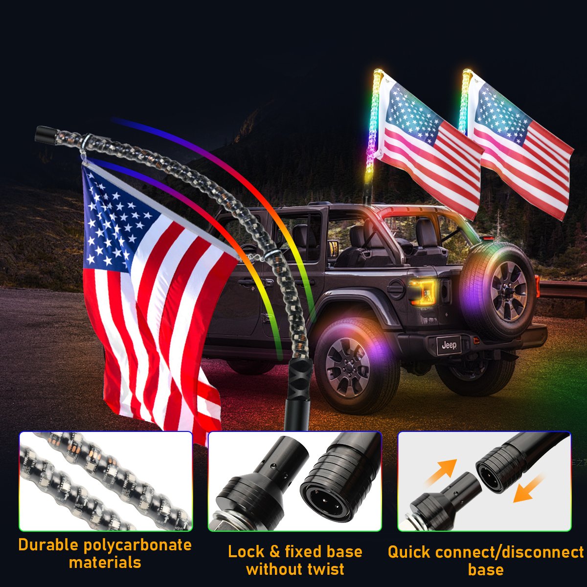 3FT 4FT 5FT Spiral LED Whip Antenna Flag Light APP Sync Control Car LED Whip for ATV UTV