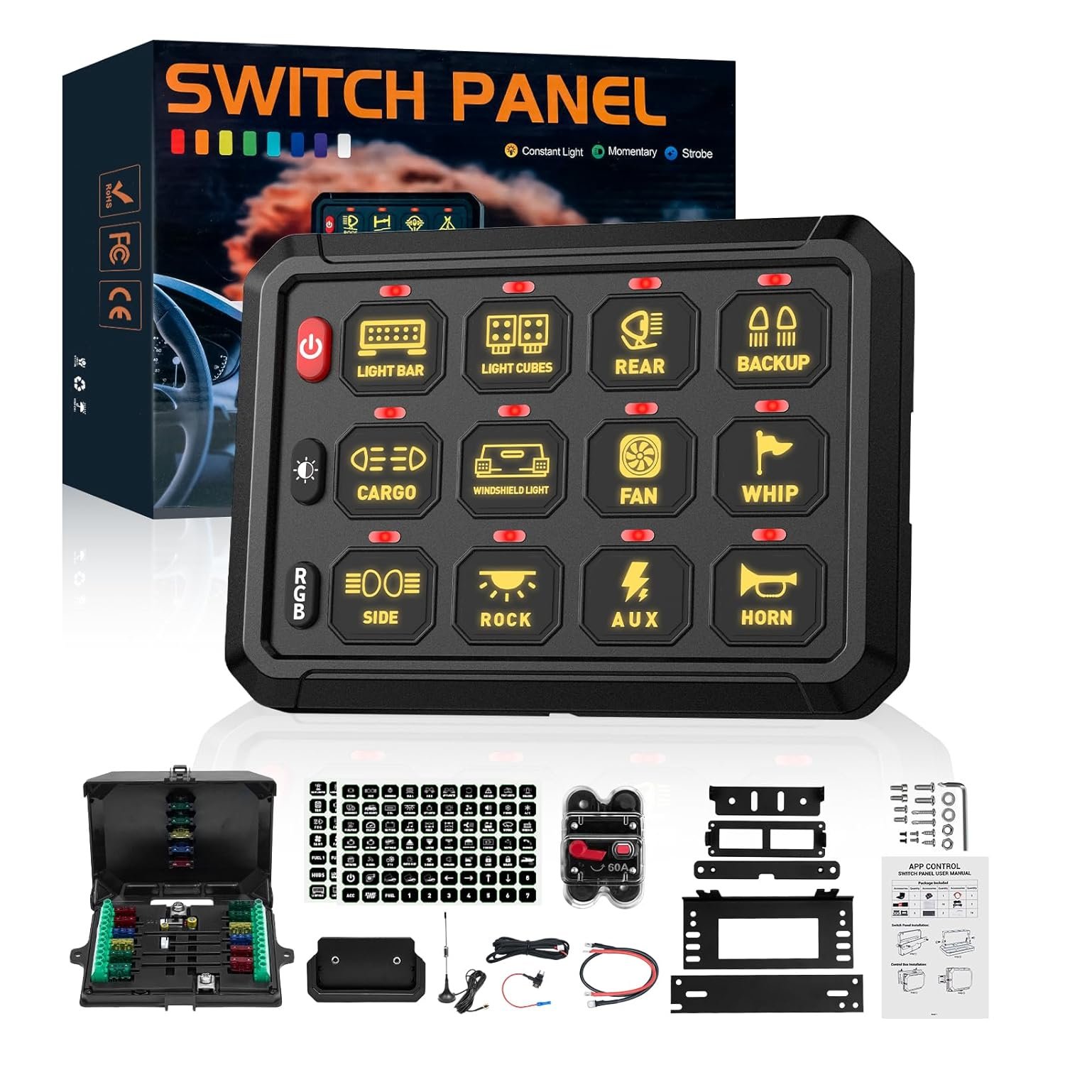12 Gang Switch Panel, Wireless High Power Multifunction 12v Switch Panel for Truck Car ATV UTV-- High Quality