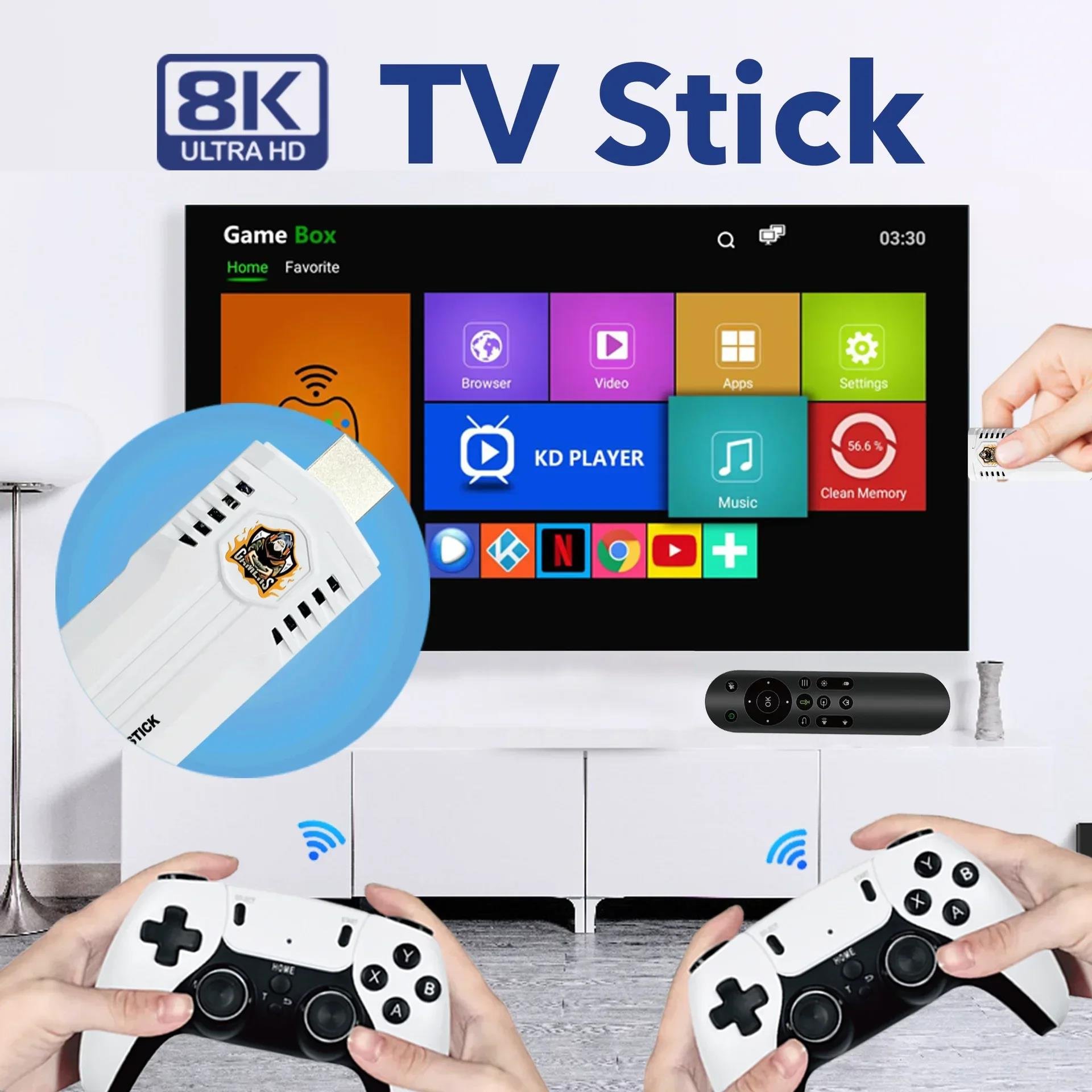Wireless 2.4G Mini K8 Pro Retro 8K HD TV Video Classic Game Stick Dual System Wifi Android 12.1 ATV 3D 40000+ Games Console