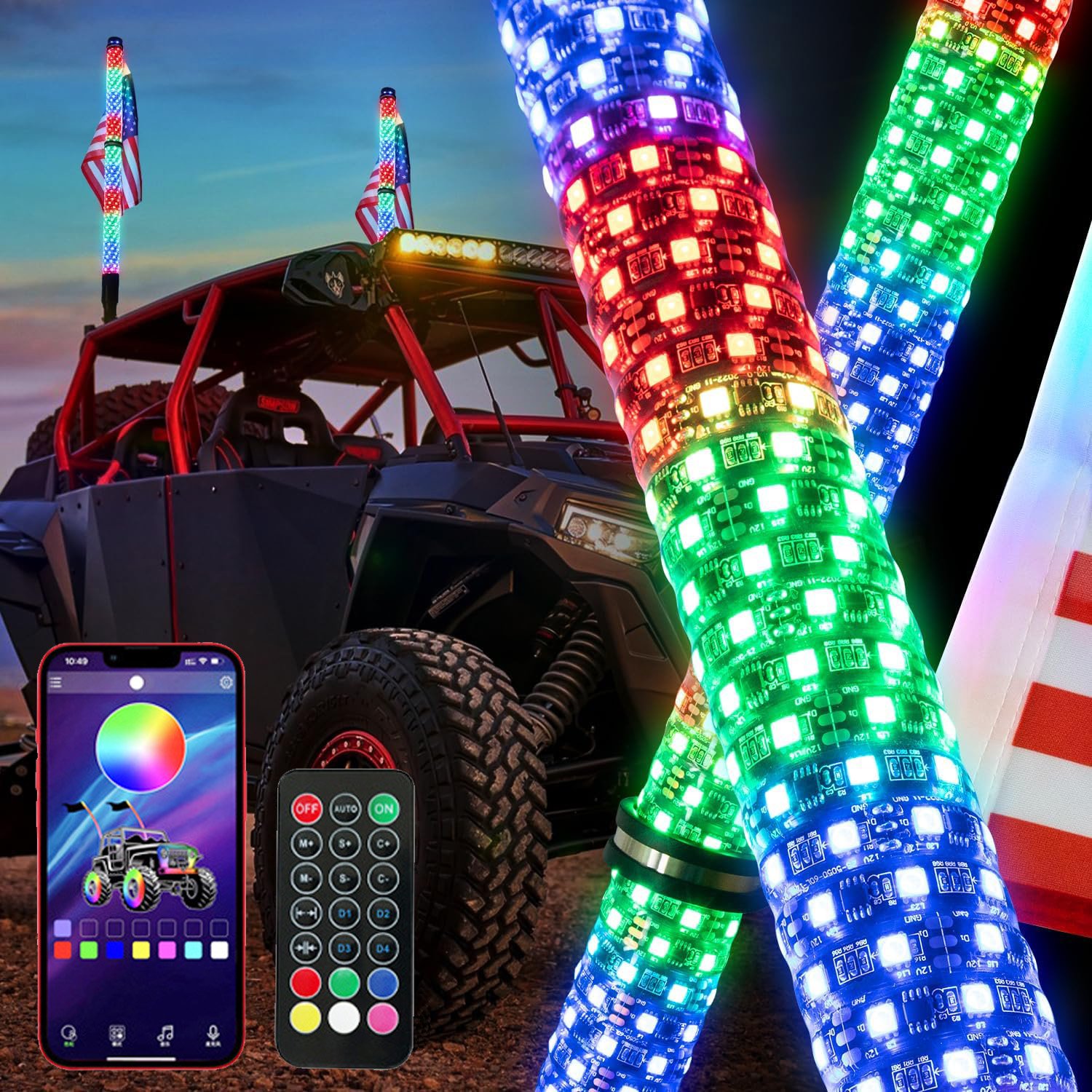 High Brightness 2.2inch Thick Fat RGB Led Whip Lights Remote App Control for Atv Utv Polaris Rzr Offroad