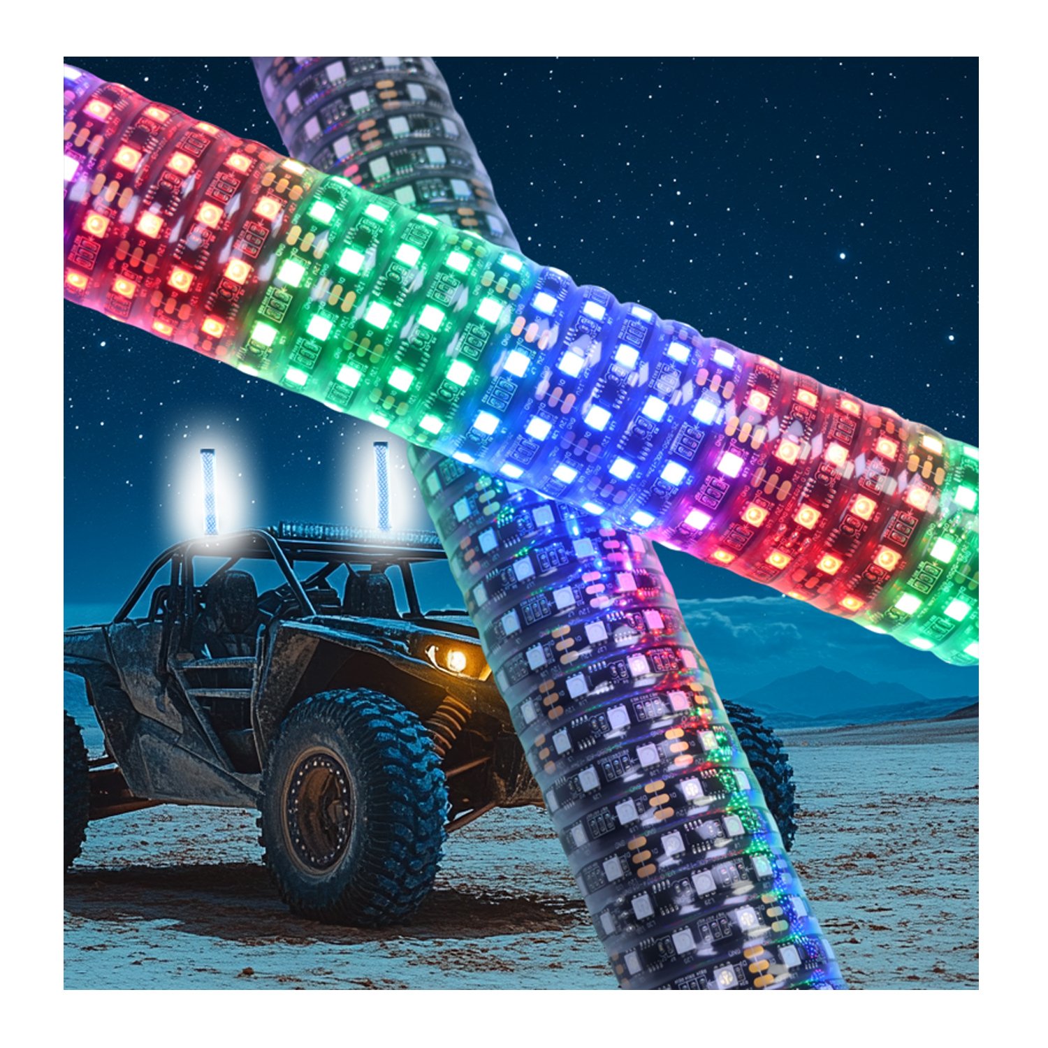 2FT Spiral Chasing Fat Whip LED Light Antenna RGB Chasing Fat LED Chase Whip for UTV