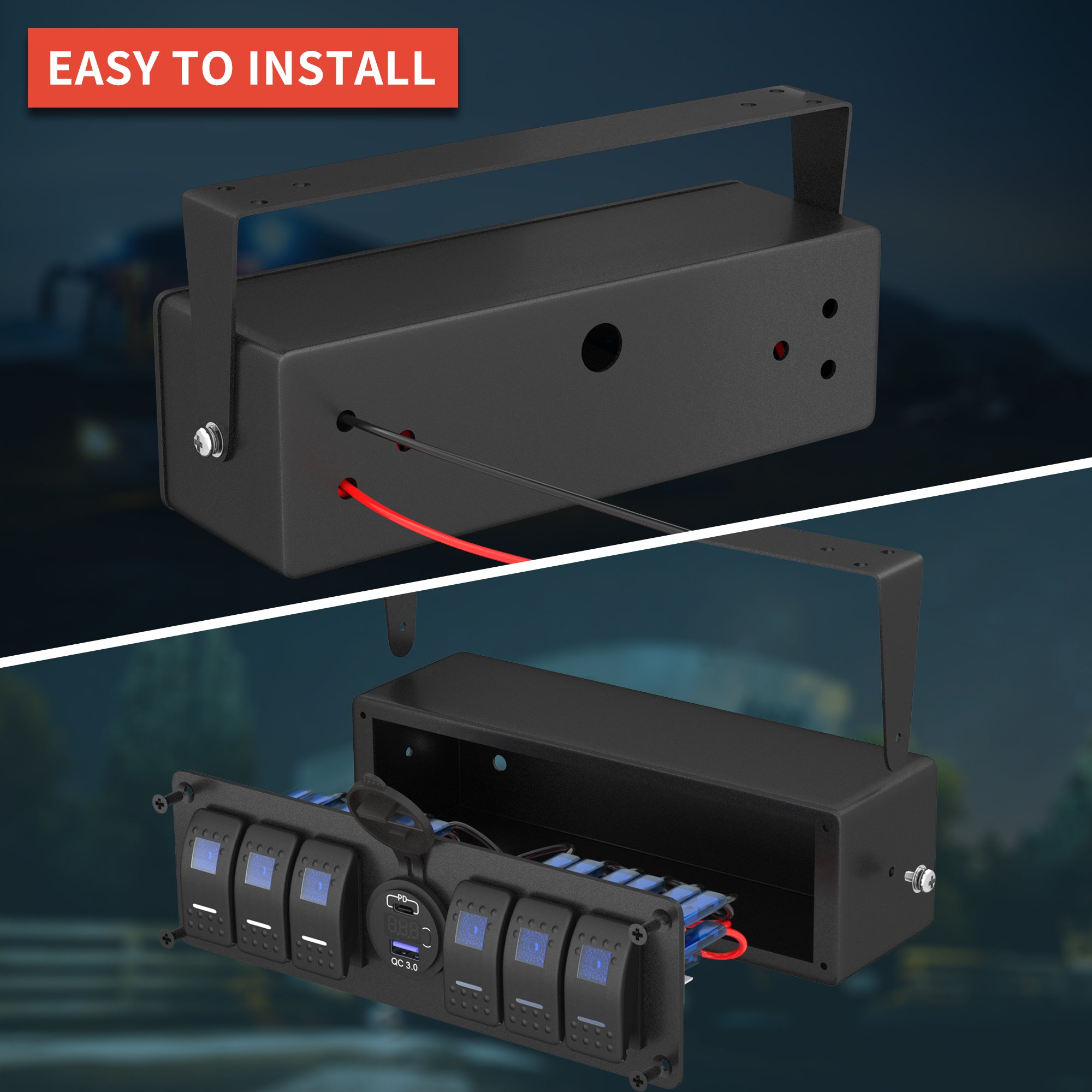 6 Gang Toggle Switch Surface Mount Box Enclosure 12V Panel Box Quick Charge 3.0 USB Charger Truck ATV UTV SUV Car 20A Max