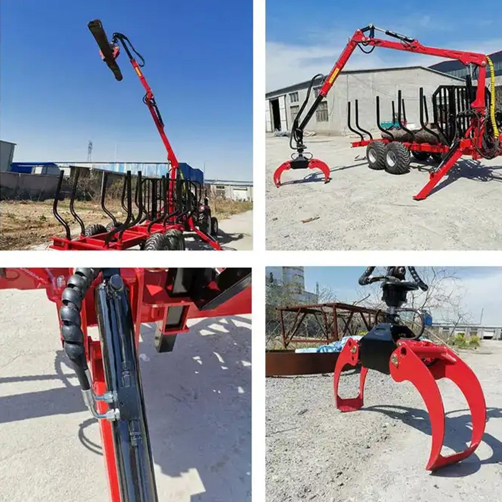 Hydraulic Atv Farm Tractor Log Timber Wood Trailer with Crane Grapple Remote Control Winch for Forestry Machinery