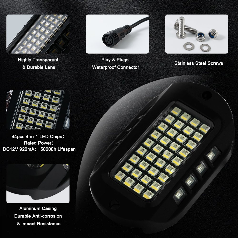 NEWEST 44 LEDs Super Bright RGBW Rock Light 4pcs Led Rock Light Kit for Truck ATV UTV Buggy Boat Decorative Lights