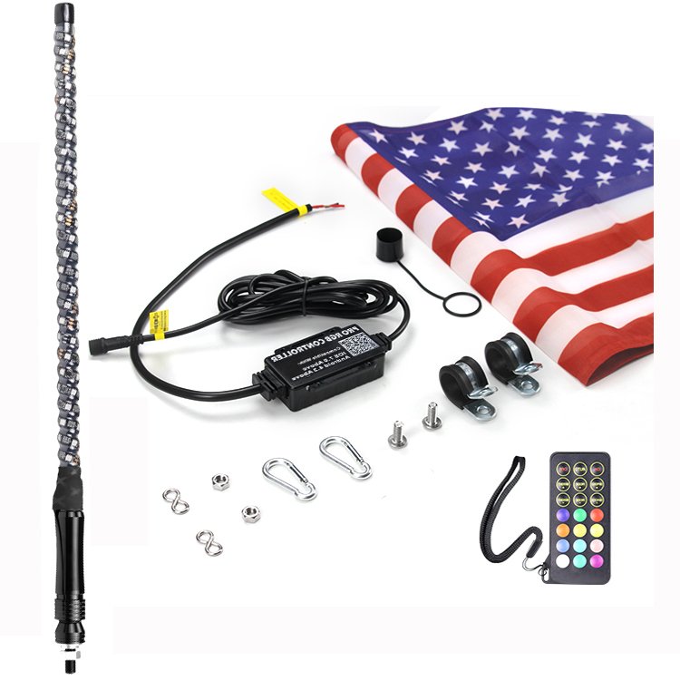 APP Remote Control Quick Release Mount RGB Spiral Antenna LED Whip 3FT/1PC Flagpole for ATV/UTV Motorcycle Offroad Vehicle