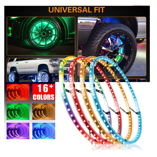 4PCS Atv Rock Led Light 17 Inch RGBW Wheel Ring Rim Tire Light Remote Control by App Truck Vehicle off Road Led Wheel Rim Light