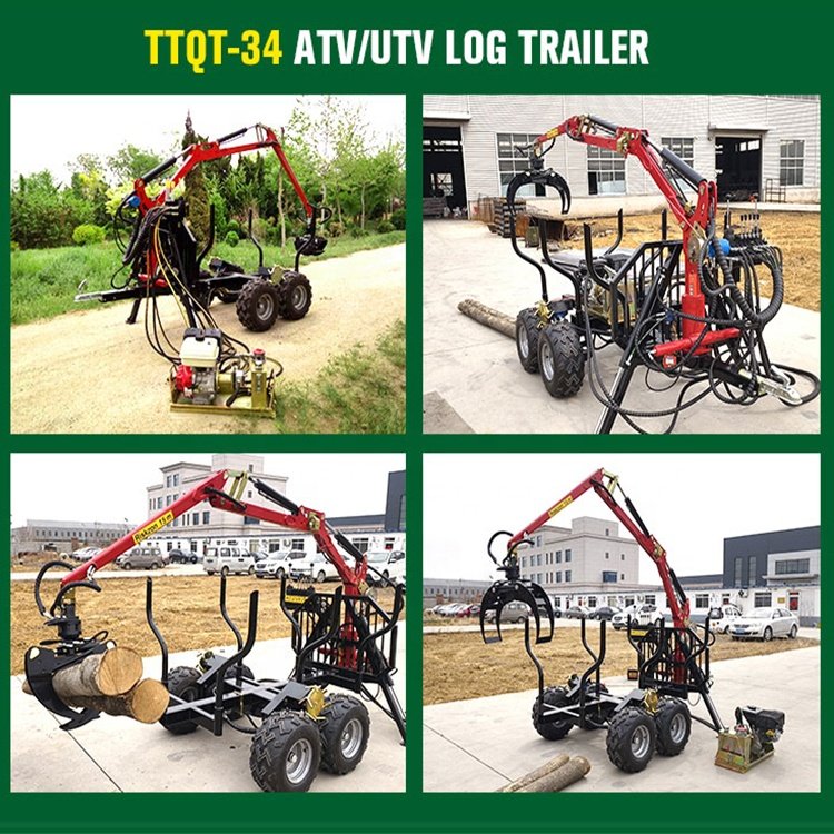 TTQT34 3.4m Towable Timber Logging Loader Trailer Mini Self Loading ATV Log Trailer With Crane and Grapple