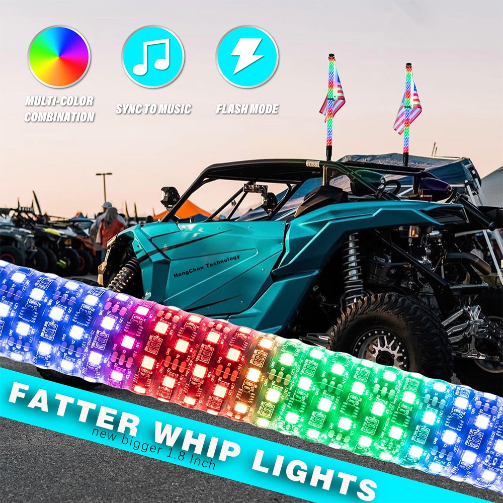 LED Lighted Antenna Remote APP Control ATV UTV 1FT 2FT 3FT 4FT Dancing RGB chase Safety Flagpole Fat Led Whip Lights