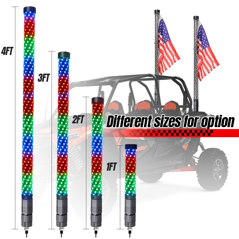LED Lighted Antenna Remote APP Control ATV UTV 1FT 2FT 3FT 4FT Dancing RGB chase Safety Flagpole Fat Led Whip Lights