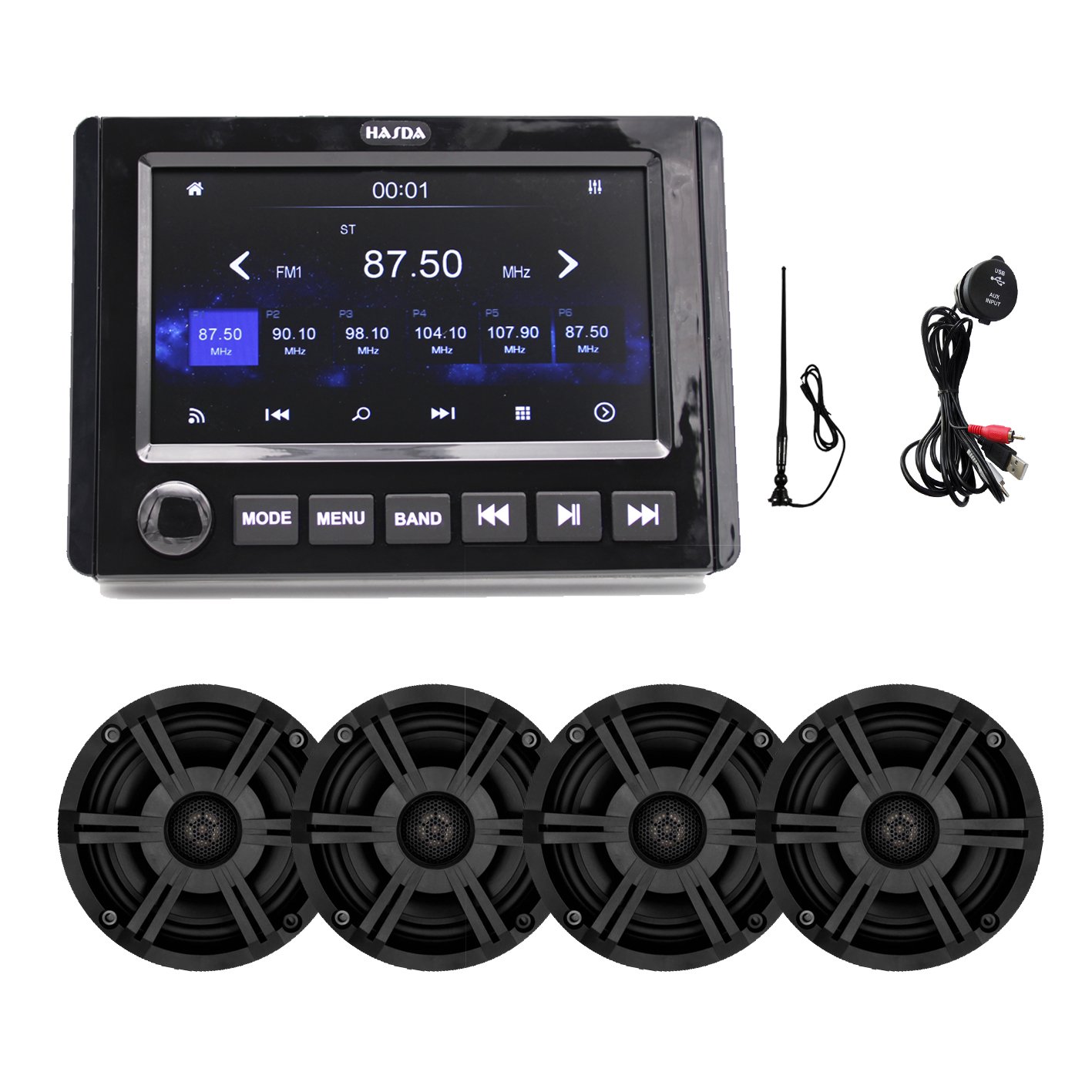 Big 7" Touch Screen Volume Zoning Control MP5 AV Player Carplay H-305+4 Pcs 6.5'' Coaxial IP66 Yacht RV