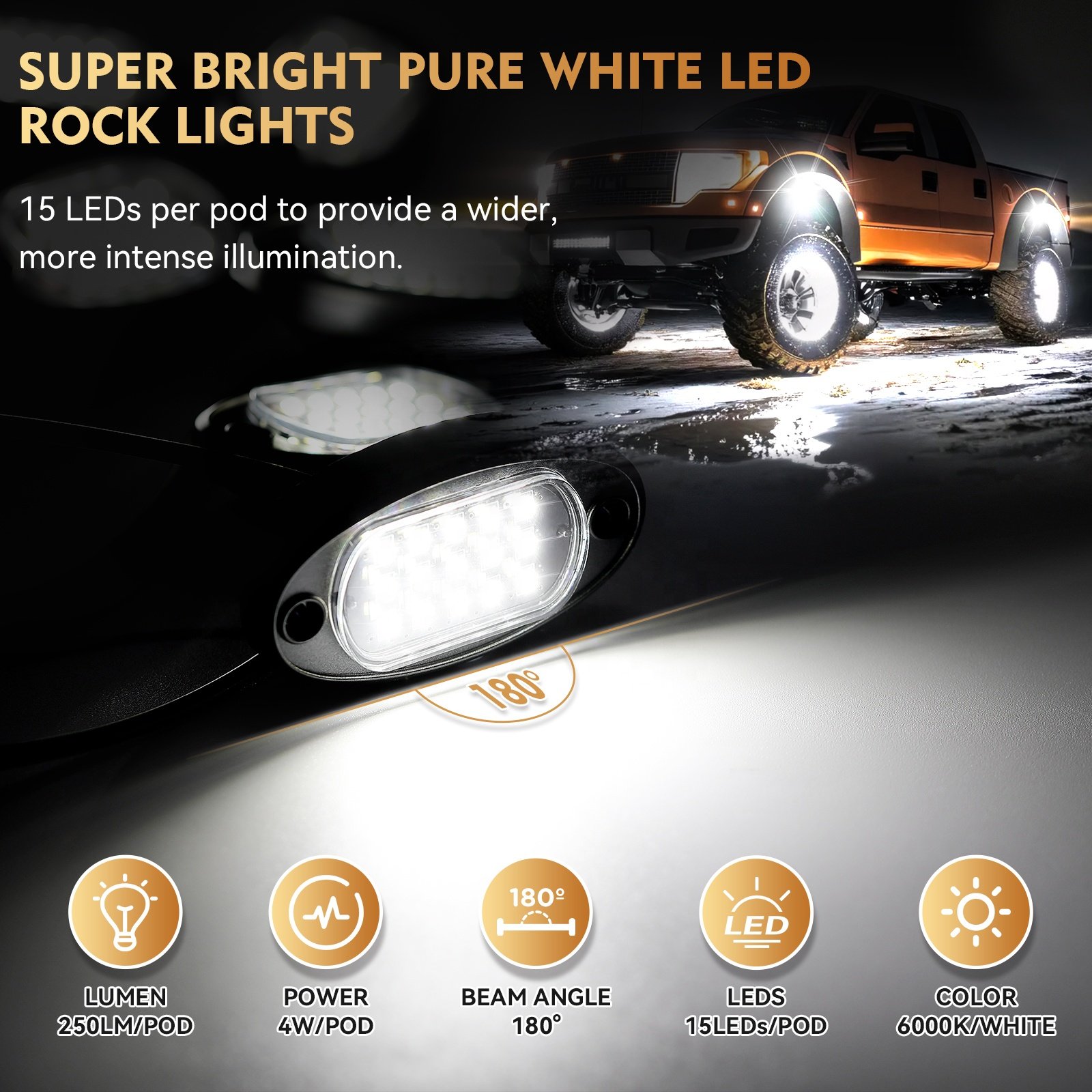 6000K 4Pods Pure White LED Rock Lights Kit with Switch Wiring Harness Extension Wire Waterproof for Trucks Jeep ATV UTV SUV
