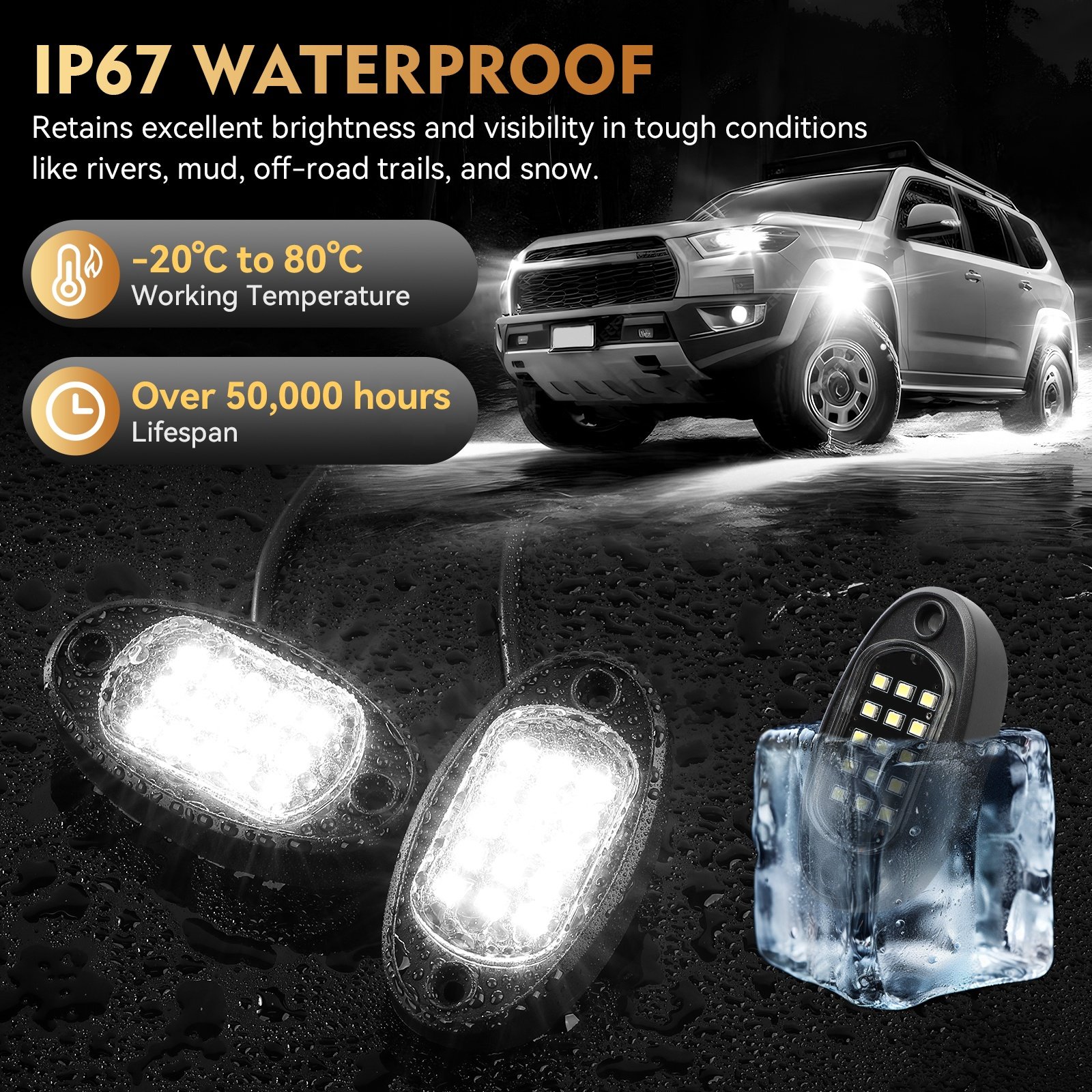 6000K 4Pods Pure White LED Rock Lights Kit with Switch Wiring Harness Extension Wire Waterproof for Trucks Jeep ATV UTV SUV