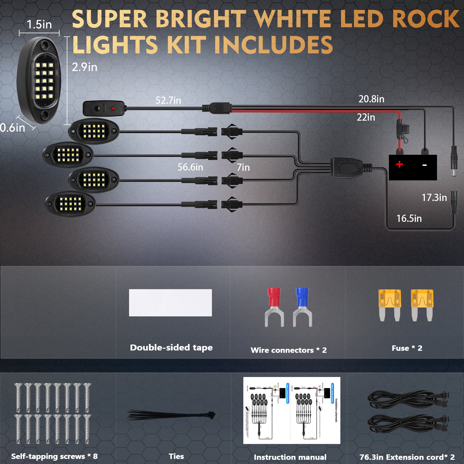 6000K 4Pods Pure White LED Rock Lights Kit with Switch Wiring Harness Extension Wire Waterproof for Trucks Jeep ATV UTV SUV