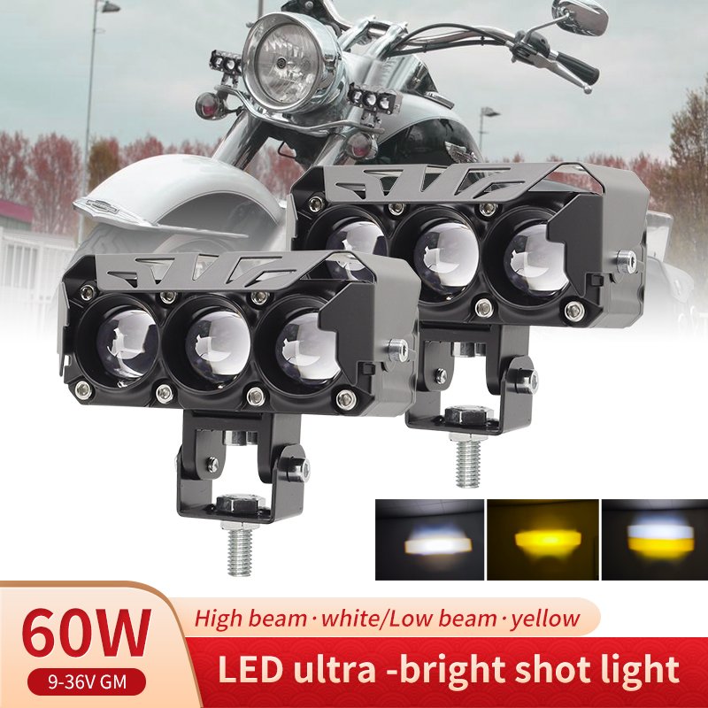 Motorcycle Spot Lights Dual Color White Amber Driving Fog Lights High Low Beam 3Lens LED Pod Lights for Truck ATV UTV SUVs