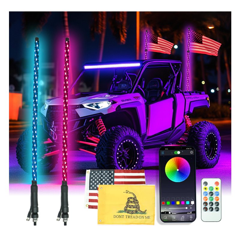 2FT 3FT 60cm RGB Hyper Fat Whip Light Mining Buggi Spiral 0.8inch Chasing Dancing APP Remote Control for Atv Utv Truck Customize