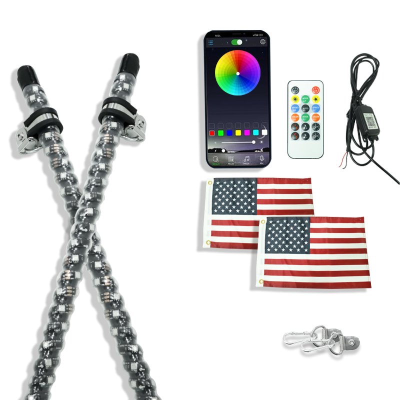 2FT 3FT 60cm RGB Hyper Fat Whip Light Mining Buggi Spiral 0.8inch Chasing Dancing APP Remote Control for Atv Utv Truck Customize