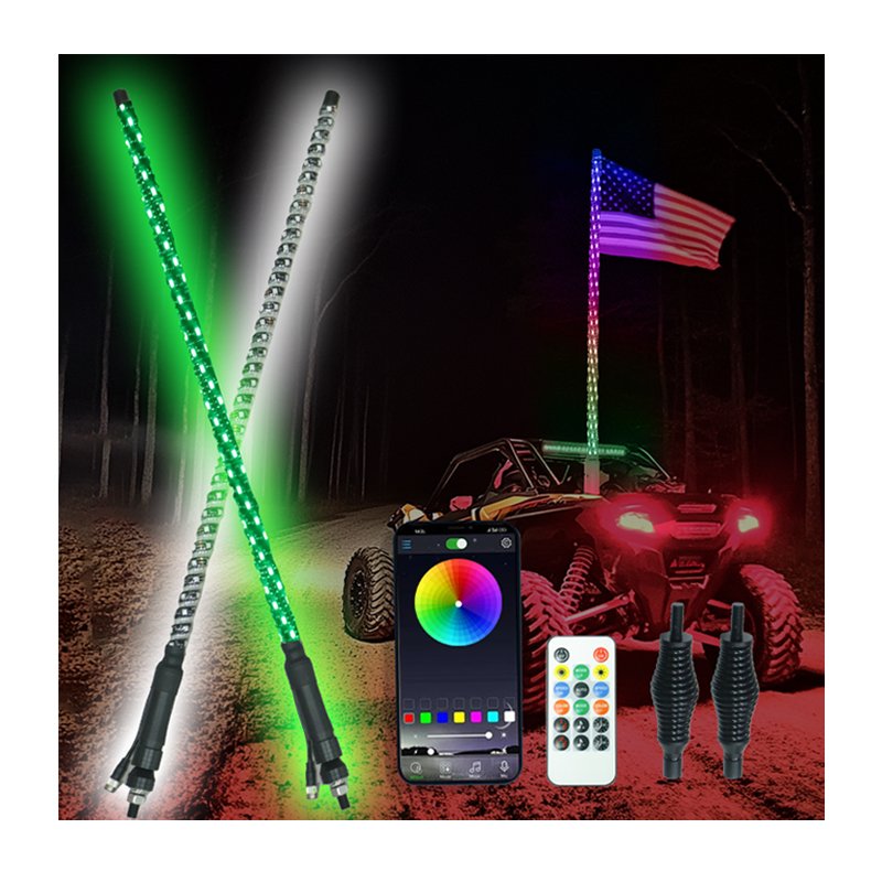 2FT 3FT 60cm RGB Hyper Fat Whip Light Mining Buggi Spiral 0.8inch Chasing Dancing APP Remote Control for Atv Utv Truck Customize