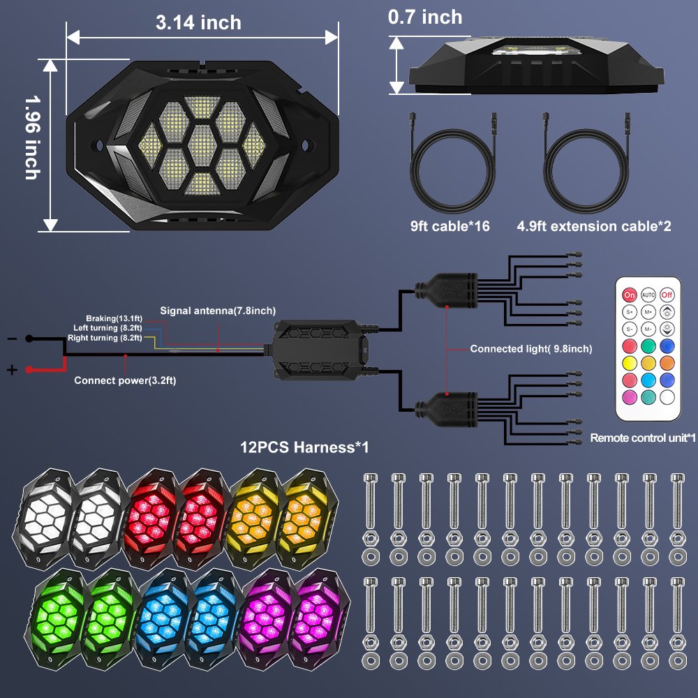 121 Modes 4 8 12 16 Pods RGB RGBW LED Rock Lights with Brake Light Turn signal Offroad Truck ATV Underglow Rock Neon Light Kits