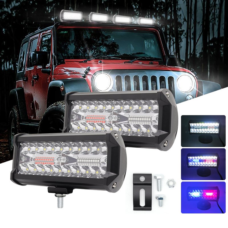 7 Inch 120W LED Work Light Bar Red Blue Flashing Spot Beam Dual Row LED Lamp for 4X4 Offroad Car Tractor Boat Truck SUV ATV 12V